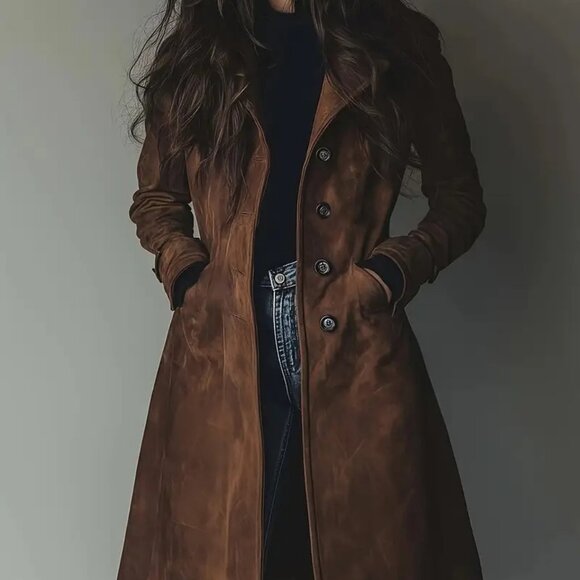 Jackets & Blazers - Brown Faux Suede Notch Lapel Knee Length Coat
